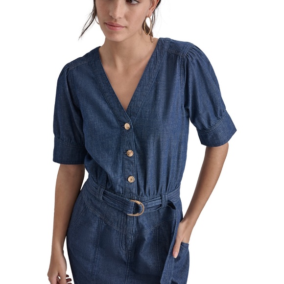 🌟DKNY Women's Puff-Sleeve Belted Cotton Denim Shirtdress - Picture 5 of 5